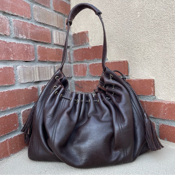 7 For All Mankind 🍂 Cow Hide Leather  Shoulder Hobo Bag in Brown | X-Large - Picture 3 of 14